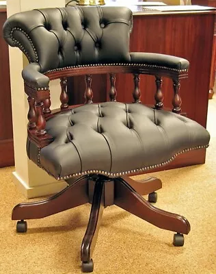 Chesterfield Captains Desk Office Chair Italian Black Leather • £599.99