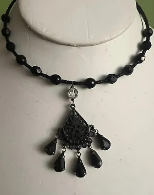 Lovely Vintage Black Beaded C-Cuff Choker With Dangling Pendant  • $10.99