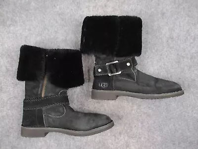 UGG Boots 7.5 Womens Black Suede Tall Cuffed Zip Sherpa Faux Fur 1012361 Shoes • $39.99