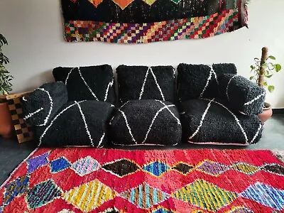 Moroccan Handmade Floor Couch - Unstuffed Wool Black Sofa Covers + Pillow Cases • $746.30