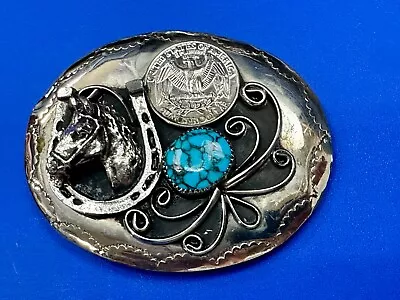 Turquoise Stone Horse Head & Shoe Quarter Coin Southwestern Belt Buckle • $43.50