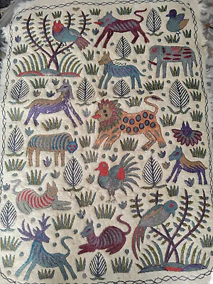 Unique Antique? Ethnic Wool Batting Embroidered Animals Rug Wall Hanging 34x48 • $35