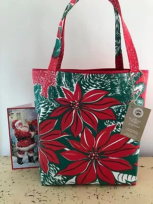 Christmas Poinsettia Pine Cone California Hand Print Vintage Tablecloth Tote Bag • $55