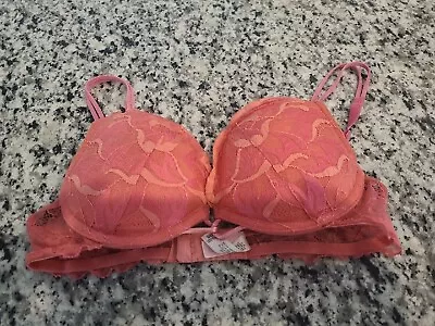 Victorias Secret Push Up Bra 32B Salmon Sheer Lace Underwire • $14.90