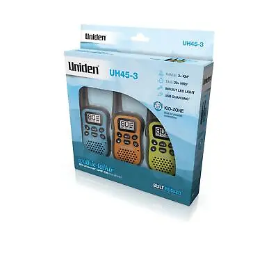 Uniden Walkie Talkie – 3 Pack UH45-3 3KM Range USB LED UHF Handheld CB Radio • $179