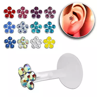 £3.95 • Buy Bioflex Lip Stud / Monroe / Tragus 925 Silver Push In Flower 6mm Crystal Centers