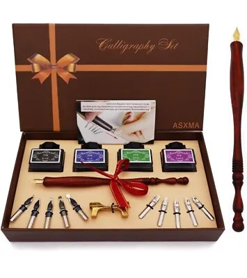 Calligraphy Pen Set Includes Wooden Dip Pen Antique Brass Holder 11 Nibs 4Colors • $24.99