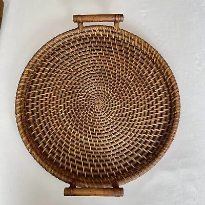 Vtg Round Rattan Wicker Table Tray Decorative Serving X-Large Wood Handle 22” # • $49