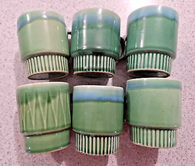 6 X  Vintage Drip Glaze Coffee Cups / Mugs. Retro Stackable  Green And Blue • $48.50