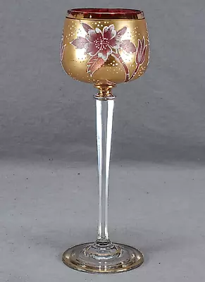Bohemian Raised White Enamel Gold & Cranberry Hock Wine Glass Circa 1900 • $100