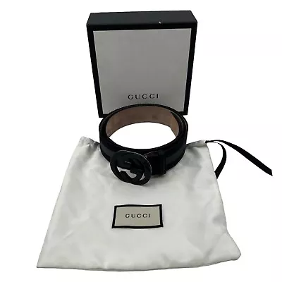 Gucci Belt Mens 40 Interlocking G Buckle Black Grey Nylon Satin Bag Original Box • $249.94