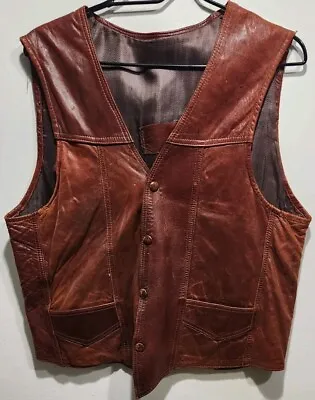 Vintage Brown Leather Vest Snap Front Seamed LIned Buttery Soft Pockets Size 36 • $30