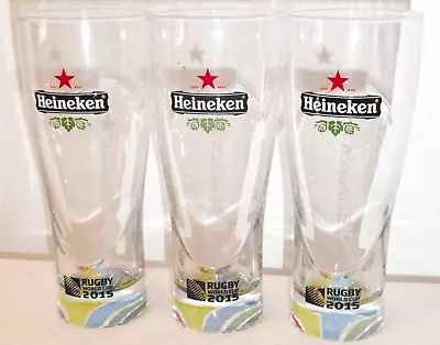 3 Heineken Sturdy Hotel Quality Beer Glasses Rugby World Cup 2015 Colour Bases • $39.99