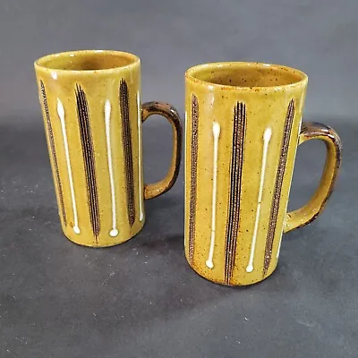 Vintage Japan Stoneware Mug Brown Stripe Coffee Cup Set • $19.97