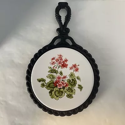 Vintage Ceramic Cast Iron Trivet Hot Plate Wall Decor Geramiums 11.25  X7.25  • $15.50