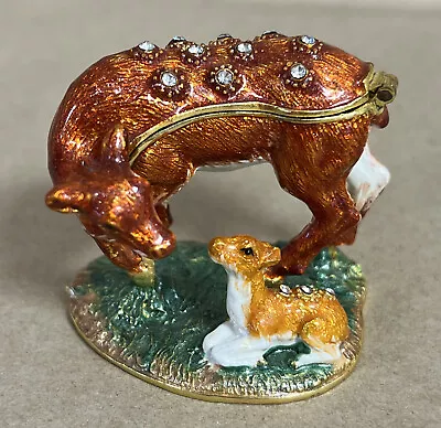 Enamel Rhinestone ~ Doe &  Fawn  ~ 2 Deer Hinged Trinket Box • $24.99