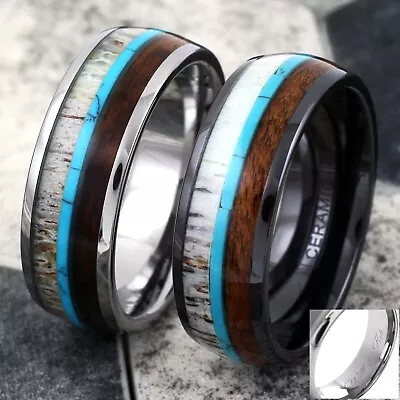 Engraved Tungsten Or Hi-Tech Ceramic Men's Deer Antler Turquoise Wood Band Ring • $18.99