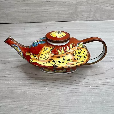 Vintage Mini Enamel Teapot Cheetah Wild Cat Floral Red W/ Lid Elongated Repaired • $31.49