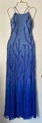 BEAUTIFUL VINTAGE LATE 90s / Y2K SILK BEADED BLUE OMBRÉ OPEN BACK GOWN SZ S • $29.99