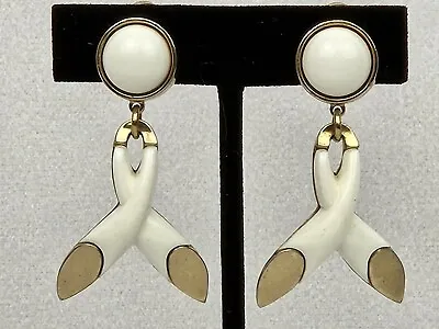 Vintage Monet White Enamel And Gold Tone Ribbon Earrings Clip On Dangle 50s 60s • $14.99