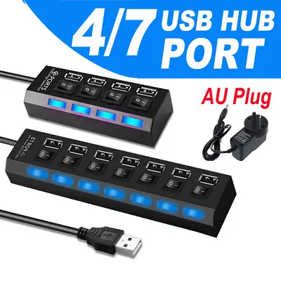 $20.95 • Buy 4/7 Port USB 2.0 HUB Powered + SAA AU AC Adapter Cable High Speed Desktop