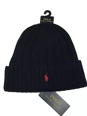 New Polo Ralph Lauren Signature Merino Wool Blend Cuffed Beanie Dark Navy Red • $29.99