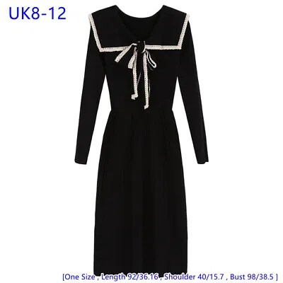 Lady Japanese Knitted Midi Dress Sailor Collar Bowknot Seaman Style Fancy Slim • £43.57