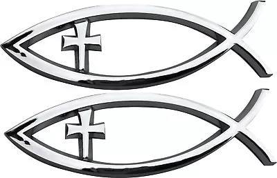 2PC 3D Car Chrome Decal Emblem Sticker Religious CROSS Christian Fish Symbol  • $15