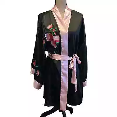 Vintage Flora Nikrooz Embroidered Kimono Satin Short Robe Boudoir Black Pink L • $85