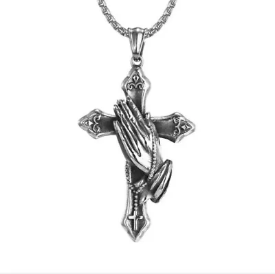 Mens Chain Necklace Silver Cross Pendant Rosary Jesus Men's Stainless Steel Love • £6.45