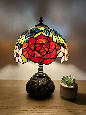 Tiffany Style Mini Table Lamp Rose Flowers Stained Glass LED Bulb Included H14  • $129.99