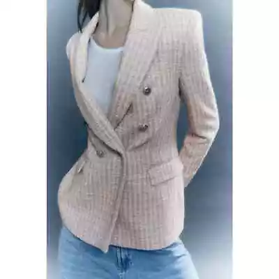 New Zara Pink Tweed Blazer Plaid Texture Jacket Double Breasted Metallic Sz XS • $145