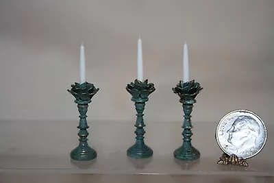 Miniature Dollhouse 3 Verdigris & Gold Rose Flower Candlesticks W Candles 1:12 • $24.99