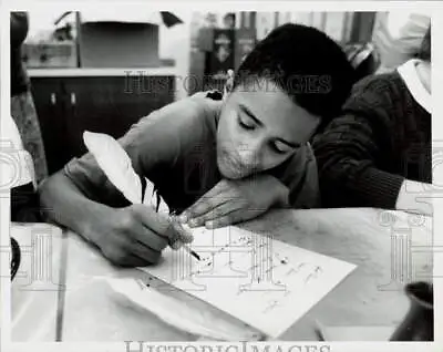1992 Press Photo Jason Owens Writes With Quill Pen At Quail Hollow Junior High • $13.88