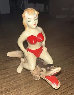 Vintage Risque Woman Sitting On Alligator Salt And Pepper Shaker Set Girl Riding • $80