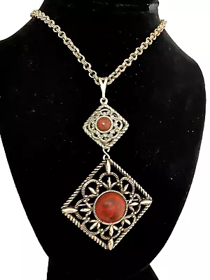 Vintage Sarah Coventry Silver Tone Square Pin Red Orange Stone Necklace 22  • $32.84