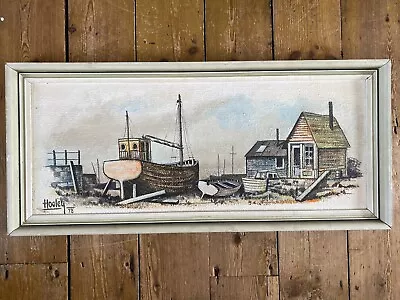 Vintage Oil Board Landscape Harbour Beach Signed Painting Rustic John Hooley CW • £29.99