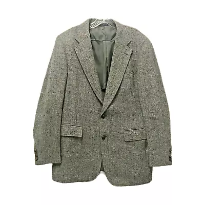 HARRIS TWEED Blazer Mens 40R Scottish Wool Gray Herringbone Leather Buttons READ • $34