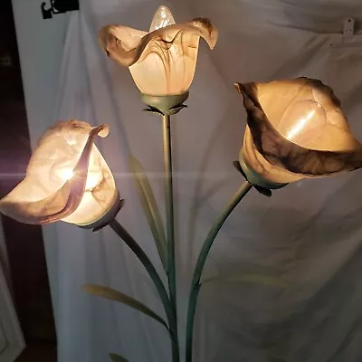 Tole Style Floor Lamp W/ Metal Leaves & 3 Glass Flower Shaped Lights Heavy Base • $191.25