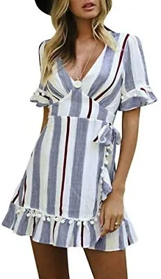 $16.99 • Buy Simplee Women Deep V-Neck Short Sleeve Striped Print Mini A Line Dress Stripe