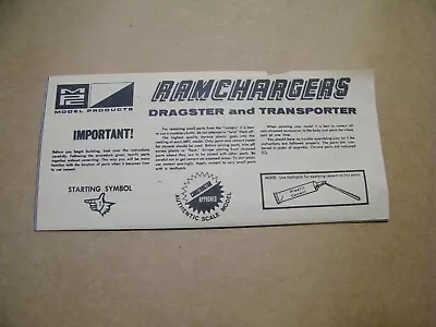 Vintage 1960's MPC Ramchargers  Dragster & Transporter Instructions ONLY • $12.95