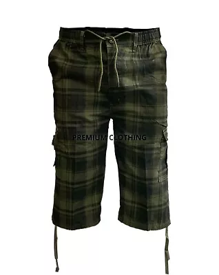 Mens Checked 3/4 Long Length 673 Shorts Elasticated Cargo Combat Three Quarter • £10.99