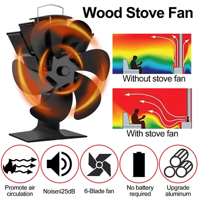 6 Blade Stove Fireplace Fan - Eco Heat Powered For Wood/Log Burner + Thermometer • $28.99