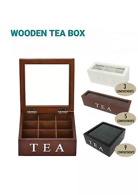 Wooden Tea Box 3/5/9 Compartment Tea Bag Chest Storage Organizer With Glass Lid • $25.95