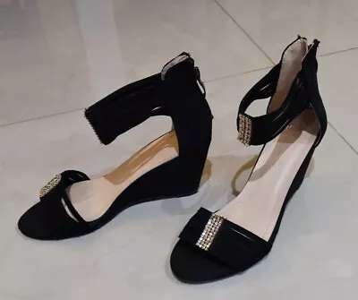 £2.99 • Buy Black Faux Suede Wedge Summer Sandals Shoes UK 4 Diamante Ankle Strap Used Zip
