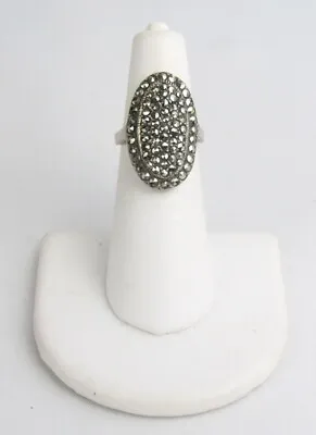 Vintage Sparkling Sterling Silver Marcasite Elongated Oval Cluster Ring • $13.99