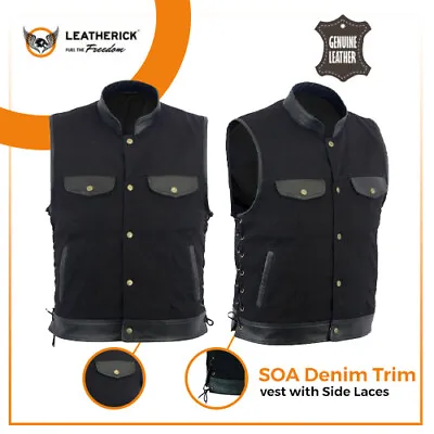 Men SOA Side Lace Biker Vest Leather Trim Black Denim Motorcycle Club Waistcoat • £26.99