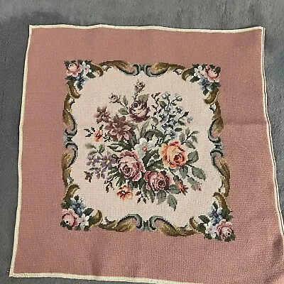 VTG Needlepoint Completed Dusty Rose Bkgd Floral Bouquet On Beige Hand Stitched • $88.87