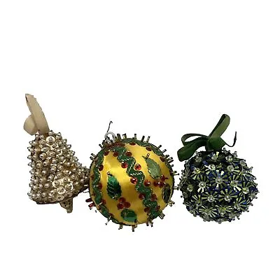 Vintage Sequins Christmas Ornaments Push Pin Bead Bell Pearl Ball Starburst X 3 • $14