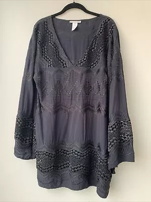 La Blanca M Tunic Top Dress Coverup Black Crochet Lace Embroidery • $13.99
